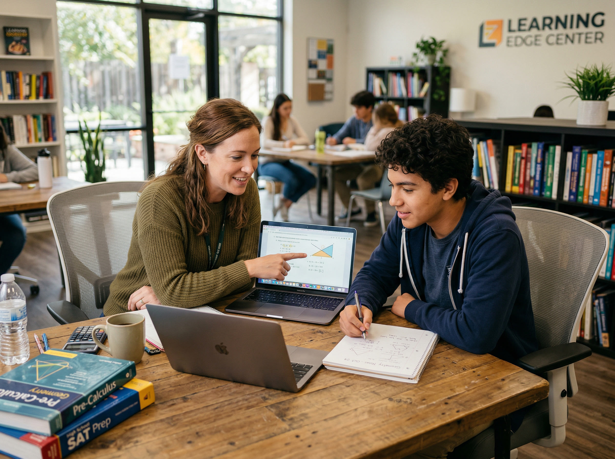 Tutor and student comparing test prep materials